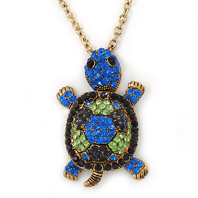 Light Green, Sapphire, Dark Blue Swarovski Crystal Turtle Pendant With Long Gold Tone Chain - 70cm Length/ 5cm Extension