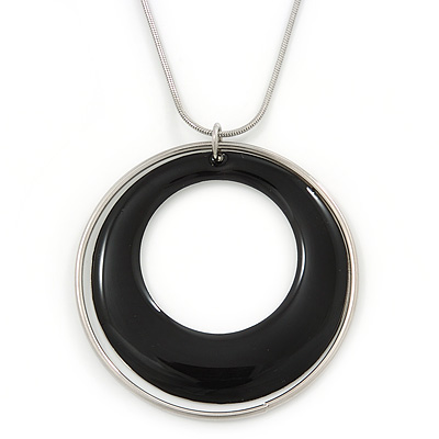 Black Enamel Double Hoop Pendant With Silver Tone Chain - 36cm L/ 6cm Ext - main view