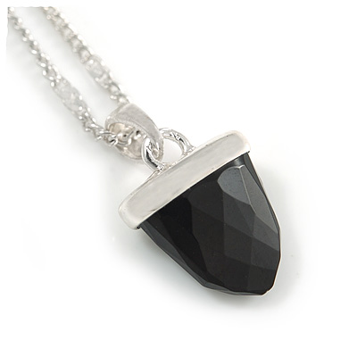 Small Black Crystal Acorn Pendant with Silver Tone Chain - 40cm L/ 6cm Ext
