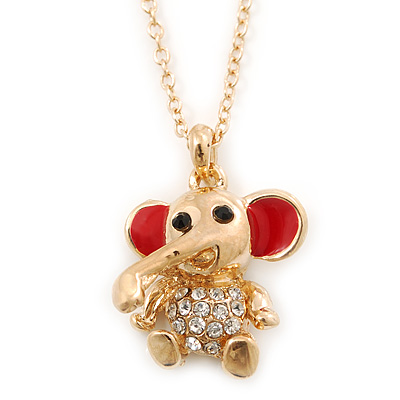 Small Crystal Elephant Pendant With Gold Tone Snake Chain - 40cm Length/ 4cm Extension