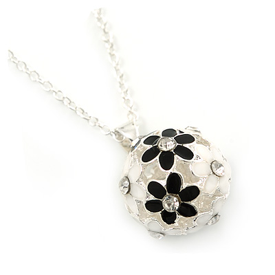 Black, White Enamel, Crystal Flower Ball Pendant With Silver Tone Chain - 40cm Length/ 5cm Extension - main view