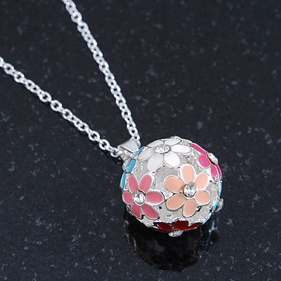 Multicoloured Enamel, Crystal Flower Ball Pendant With Silver Tone Chain - 40cm Length/ 5cm Extension - main view