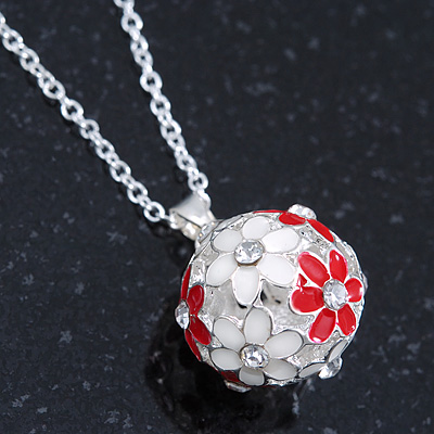 White, Red Enamel, Crystal Flower Ball Pendant With Silver Tone Chain - 40cm Length/ 5cm Extension - main view