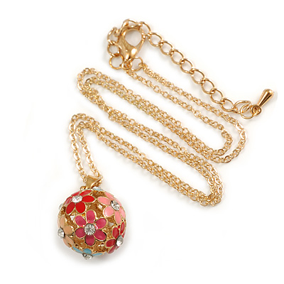 Multicoloured Enamel, Crystal Flower Ball Pendant With Gold Tone Chain - 40cm Length/ 5cm Extension