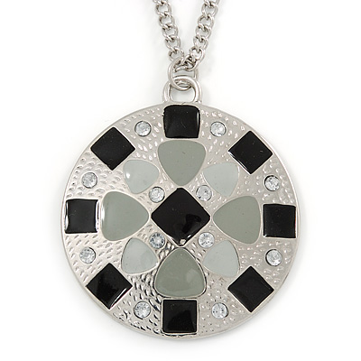 Grey/ Black Enamel Geometric Pattern Medallion Pendant with 76cm Silver Tone Chain - main view