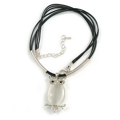Cat Eye Owl Pendant On Black Waxed Cords In Silver Tone Metal - 38cm Length/ 5cm Extension - main view