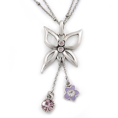 Butterfly Pendant with Double Chain In Silver Tone - 37cm L/ 8cm Ext - main view