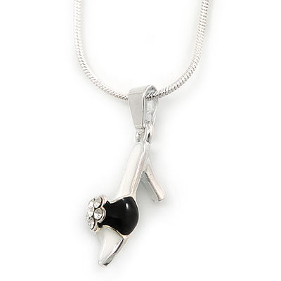 Small Crystal, Black Enamel High Heel Shoe Pendant With Silver Tone Snake Chain - 40cm Length/ 4cm Extension - main view