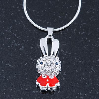 Small Crystal, Red Enamel Bunny Pendant With Silver Tone Snake Chain - 40cm Length/ 4cm Extension