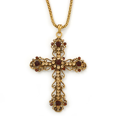 Large Topaz/ Amber Coloured Crystal, Filigree Cross Pendant With Thick Gold Tone Chain - 76cm L - main view