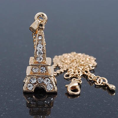Crystal Eiffel Tower Pendant With Gold Tone Chain - 40cm Length/ 5cm Extension - main view