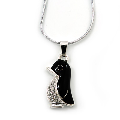Cute Black Enamel, Crystal 'Penguin' Pendant With Snake Chain In Silver Tone - 40cm Length/ 5cm Extension - main view