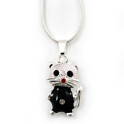 Cute Black Enamel, Crystal 'Kitten' Pendant With Snake Chain In Silver Tone - 40cm Length/ 5cm Extension - main view