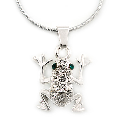 Small Crystal Frog Pendant With Silver Tone Snake Chain - 40cm Length/ 4cm Extension - main view