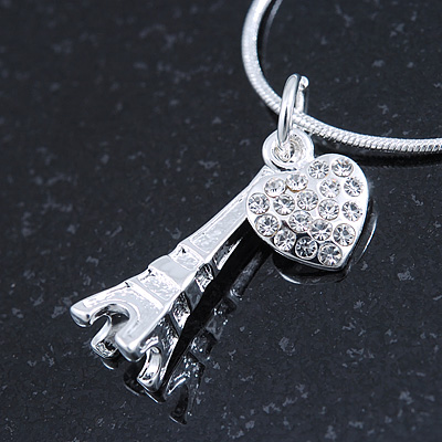 Crystal Eiffel Tower & Heart Pendant With Silver Tone Snake Chain - 40cm Length/ 4cm Extension