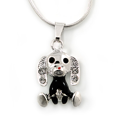 Small Crystal, Black Enamel Puppy Pendant With Silver Tone Snake Chain - 40cm Length/ 4cm Extension - main view