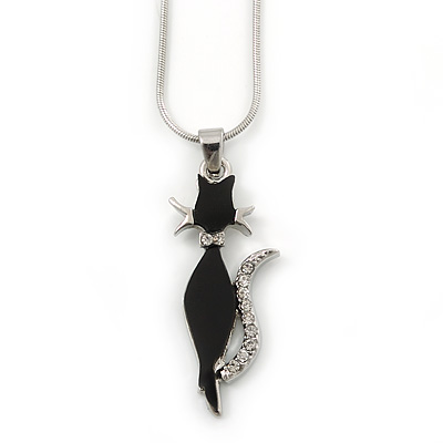 Black Crystal Cat Pendant With Snake Chain In Silver Tone - 40cm Length/ 5cm Extension - main view