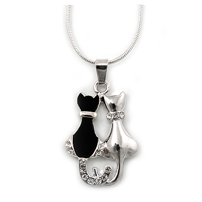 Silver Tone Crystal 'Two Cats' Pendant With Snake Chain - 40cm Length/ 5cm Extension - main view