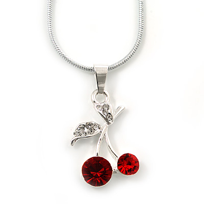 Red, Clear Crystal Double Cherry Pendant With Silver Tone Snake Chain - 40cm Length/ 4cm Extension - main view