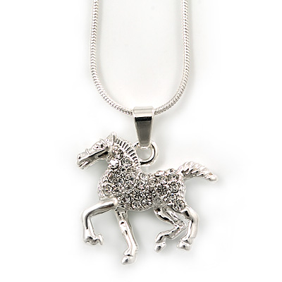 Silver Tone Clear Crystal 'Horse' Pendant With Snake Chain - 40cm Length/ 5cm Extension - main view