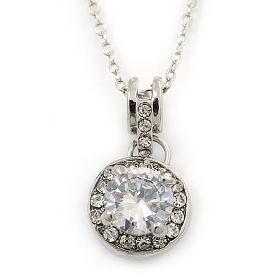 12mm Clear CZ Round Pendant With Silver Tone Chain - 40cm Length - main view