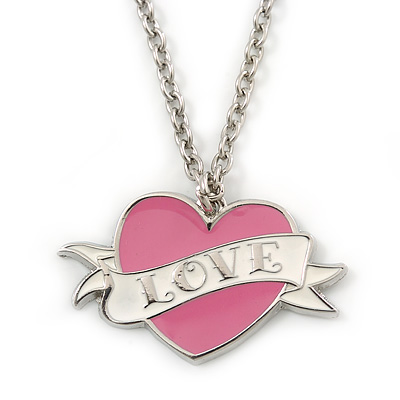 PINK COOKIE IN PURSE Enamel Heart Pendant With 42cm L/ 5cm Ext Rhodium Plated Chain