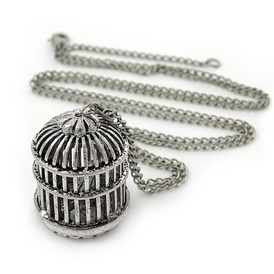 Vintage Inspired Bird Cage Pendant With Long Silver Tone Chain - 80cm Length