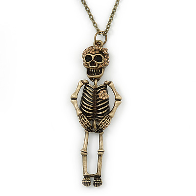 Crystal Skeleton Pendant With Long Bronze Tone Chain - 80cm Length