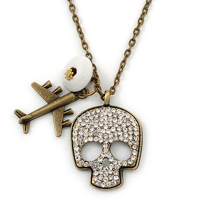Crystal Skull, Plane Pendant With Long Bronze Tone Chain - 80cm L - main view