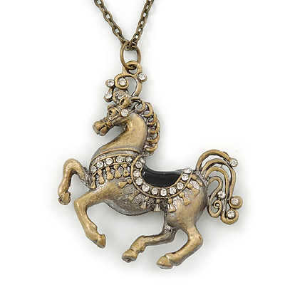 Long Vintage Inspired Crystal 'Horse' Pendant Necklace In Bronze Tone - 78cm Length - main view