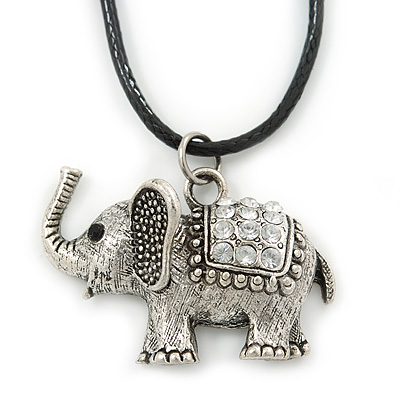 Clear Crystal Elephant Pendant With Black Leather Cord In Burnt Silver Tone - 40cm L/ 4cm Ext - main view