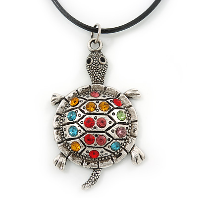 Multi Crystal Turtle Pendant With Black Leather Cord In Burnt Silver Tone - 40cm L/ 4cm Ext - main view