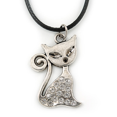 Clear Crystal Cat Pendant With Black Leather Cord In Burnt Silver Tone - 40cm L/ 4cm Ext - main view