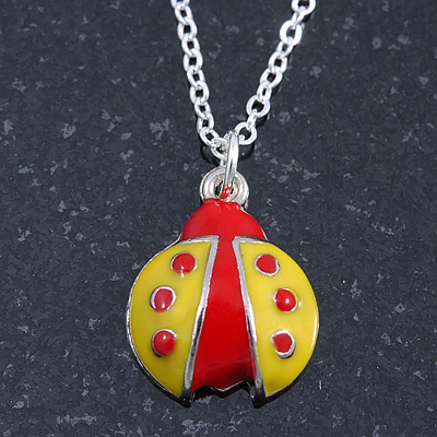 Children's/ Teen's / Kid's Yellow, Red Enamel Ladybug Pendant With Silver Tone Chain - 38cm L - main view