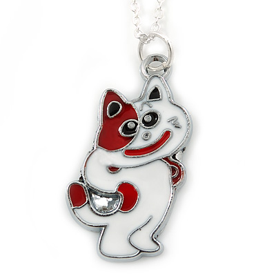 Children's/ Teen's / Kid's Red, White Enamel Cat Pendant With Silver Tone Chain - 38cm L - main view