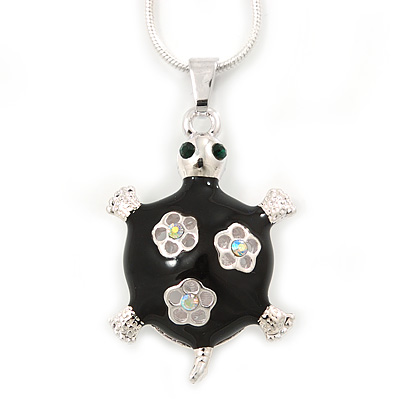 Black Enamel, Crystal Turtle Pendant With Silver Tone Snake Type Chain - 42cm L - main view