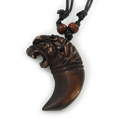 Unisex Acrylic Dark Brown Roaring Tiger Claw Pendant With Black Waxed Cotton Cord - Adjustable - 40cm Min - main view