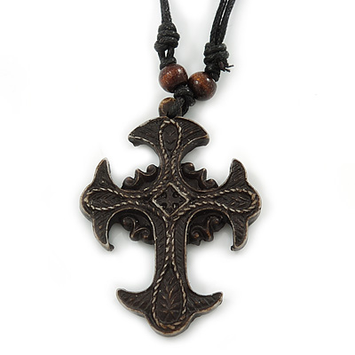 Unisex Acrylic Cross Pendant With Black Waxed Cotton Cord - Adjustable - main view