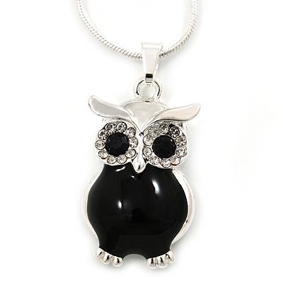 Clear Crystal Black Enamel Owl Pendant With Silver Tone Snake Type Chain - 40cm L/ 4cm Ext - main view