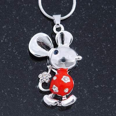 Cute Crystal Mouse Pendant With Silver Tone Snake Type Chain - 40cm L/ 5cm Ext - main view