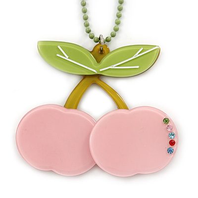 Baby Pink/ Light Green Acrylic Cherry Pendant With Green Beaded Chain - 44cm L - main view
