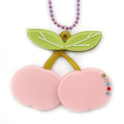 Baby Pink/ Light Green Acrylic Cherry Pendant With Lavender Beaded Chain - 44cm L - main view