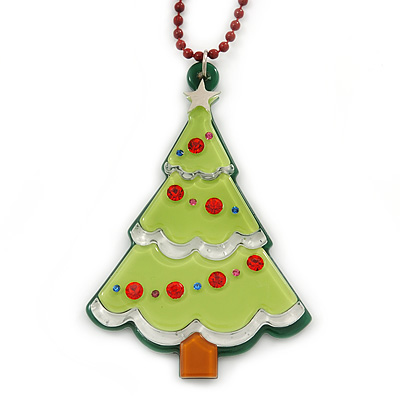 Light Green Acrylic, Red Crystal 'Christmas Tree' Pendant With Burgundy Beaded Chain - 44cm L - main view