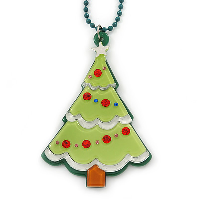 Green Acrylic, Red Crystal 'Christmas Tree' Pendant With Dark Green Beaded Chain - 44cm L - main view