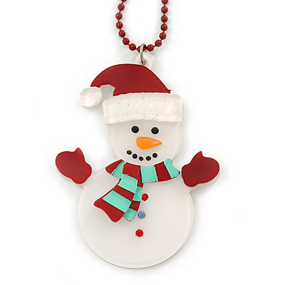 White/ Red Christmas Snowman Acrylic Pendant With Dark Red Beaded Chain - 44cm L - main view