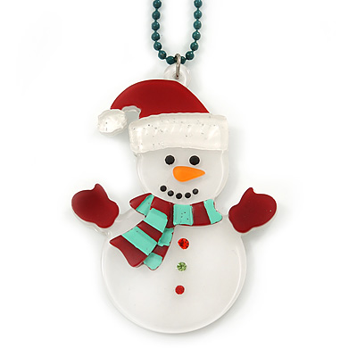 White/ Red Christmas Snowman Acrylic Pendant With Green Beaded Chain - 44cm L - main view
