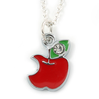 Tiny Red/ Green Apple Pendant with Silver Tone Chain - 40cm L