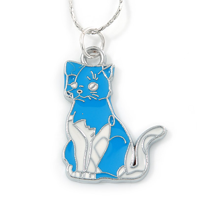 Blue/ White Enamel Kitty Pendant with Silver Tone Chain - 40cm L