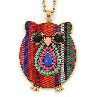Funky Multicoloured Fabric with Acrylic Bead Owl Pendant, with Long Gold Tone Chain - 80cm L