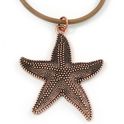 Copper Tone Large Textured Starfish Pendant with Thick Beige Leather Cord - 45cm L/ 5cm Ext - main view